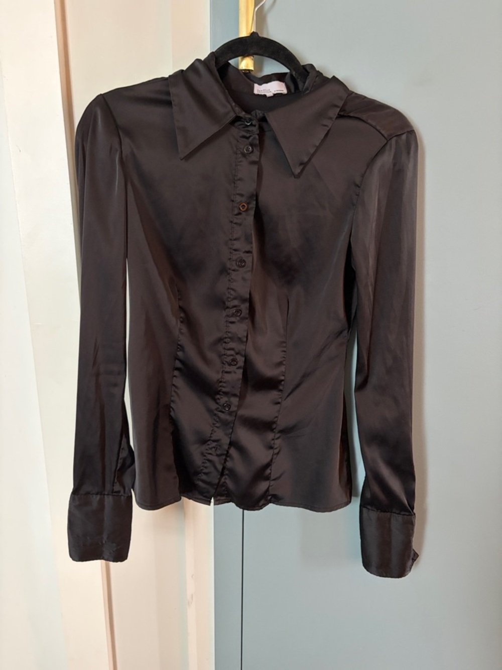 WeWoreWhat Black Satin Button-Front Blouse